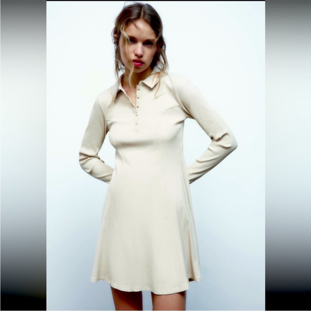 Zara Ribbed Long Sleeve Polo Mini Dress in Sand Sz M